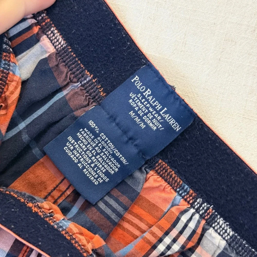 Polo Ralph Lauren Mens Orange Navy‎ Blue Plaid Cotton Sleepwear Pajama Pants Med
